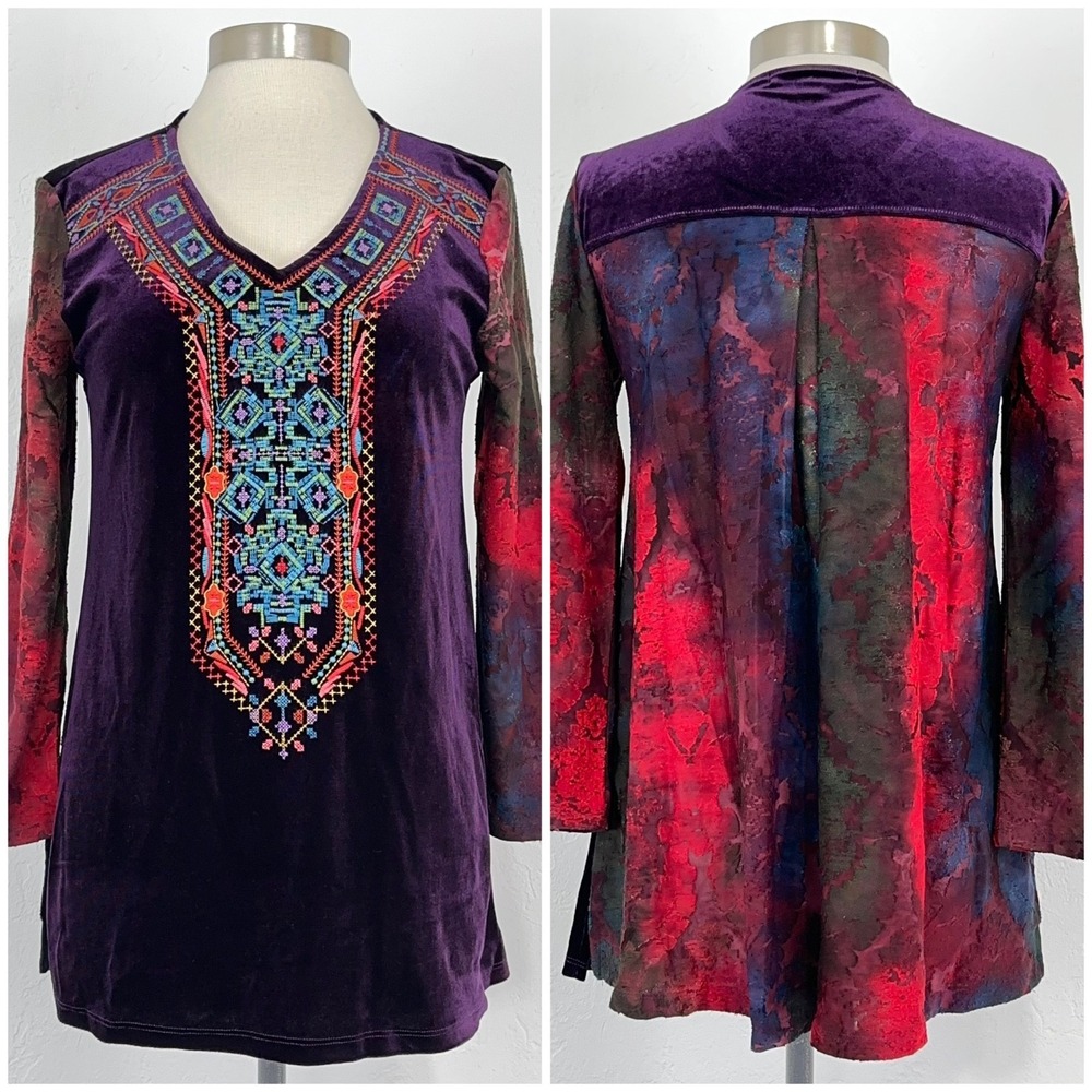 Calessa Romantic Boho Whimsigoth Tunic Top Small Velvet Jeweled Tone Embroidered